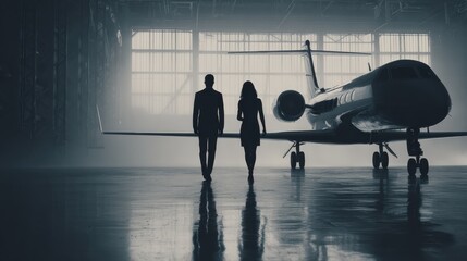 Silhouette of Businessman and Businesswoman walking away from the private jet in hangar, no logos, no brands