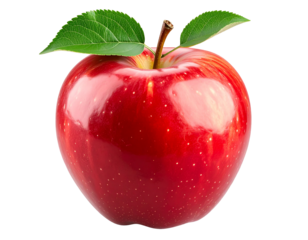 High-resolution PNG image of a single realistic red apple with a fresh green leaf attached