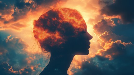 Brain circuitry and mind concept. Person head silhouette and cloudy sky. Brain circuitry and mind concept. Person head silhouette and cloudy sky. Head Against Cloudy Sky Sunset