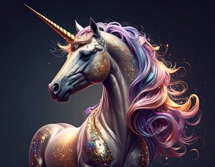 Magical unicorn portrait, golden glitter