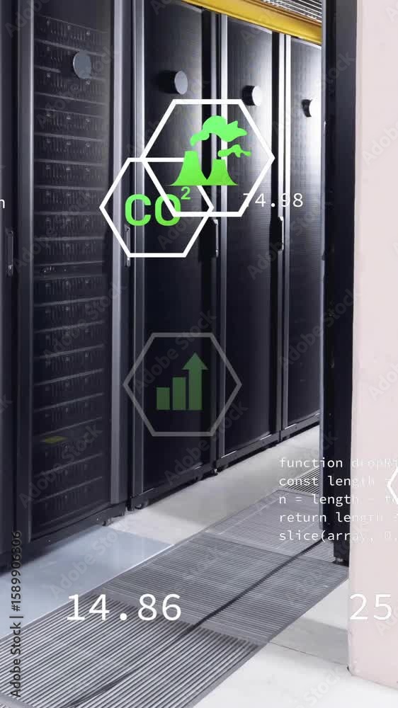 Poster animation of eco icons and digital data processing over computer servers