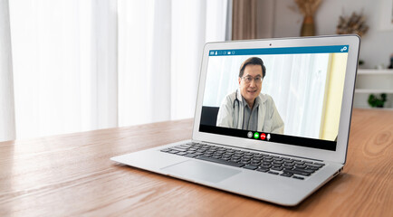 Doctor video call online by modish telemedicine software application for virtual meeting with...