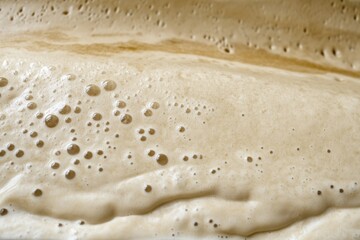 Close-up of bubbling fermentation process with rich yeast foam texture