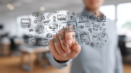 Hand using devices with creative social media sketch on blurry office interior background. Communication, technology and computing concept , no logos, no brands