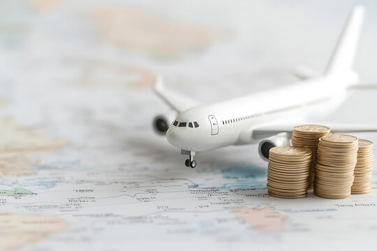 Flight Costs: Airplane model and coin stacks symbolizing travel expenses on a map. Plan your budget for your next adventure!