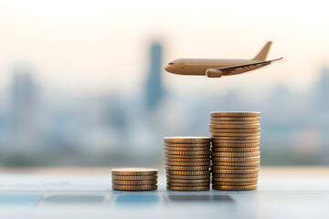 Travel Budget: Money and Airplane. Stacked coins represent travel expenses with a toy plane flying, hinting at financial planning for vacation.