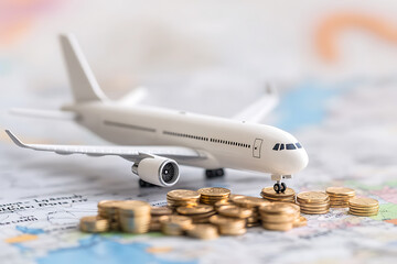Airplane model resting on stacks of gold coins atop a world map. Represents travel costs, savings, and financial planning for vacations.