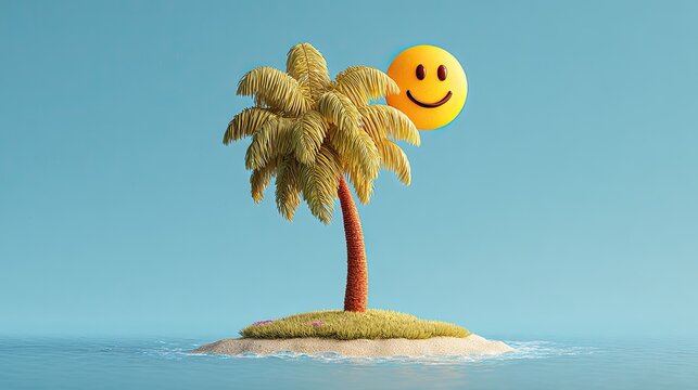 Palm tree on tiny island, smiley sun