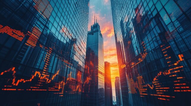 Business analysis and financial analysis. Corporate data and marketing statistics. Many graphs and charts on tall buildings background