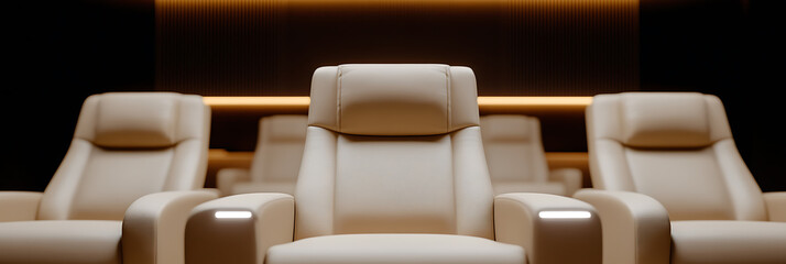 Fototapeta premium A row of comfortable, cushioned seats, bathed in subtle lighting. Perfect for relaxation, entertainment, or watching a film.