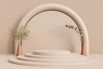 Minimalist 3D Product Podium Mockup with Arch Backdrop and Terracotta Vases in Neutral Tones