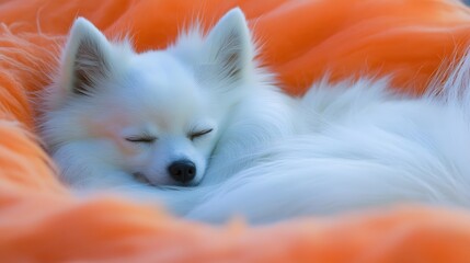 Adorable White Pomeranian Puppy Sleeping Peacefully on Orange Blanket