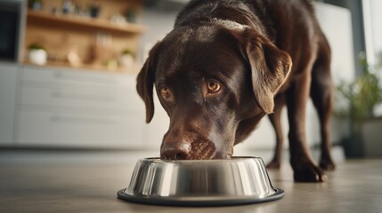 Close-up of a chocolate Labrador Retriever eating from a metal bowl in a modern kitchen setting.