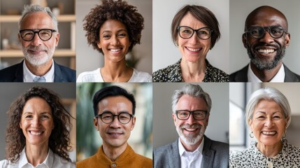 Collage of portraits of an ethnically diverse and mixed age group of focused business professionals, no logos, no brands