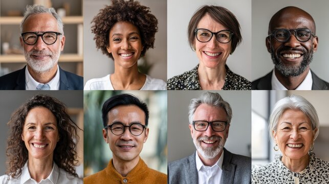 Collage of portraits of an ethnically diverse and mixed age group of focused business professionals, no logos, no brands