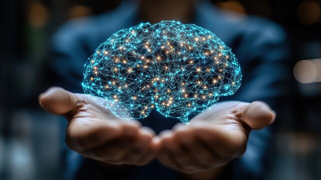 Business and artificial intelligence. Businessperson holding network structure and brain. Thinking, Innovation and artificial intelligence