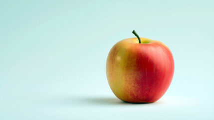 Single fresh red apple with yellow gradient on a light blue background, showcasing simplicity and natural beauty