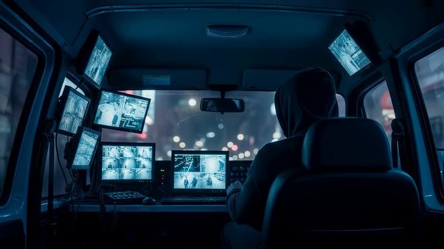 Man in van conducts cyber espionage, monitoring multiple surveillance camera feeds from city streets at night.