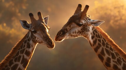 Two giraffes facing each other in the sunset with a warm glow in the background