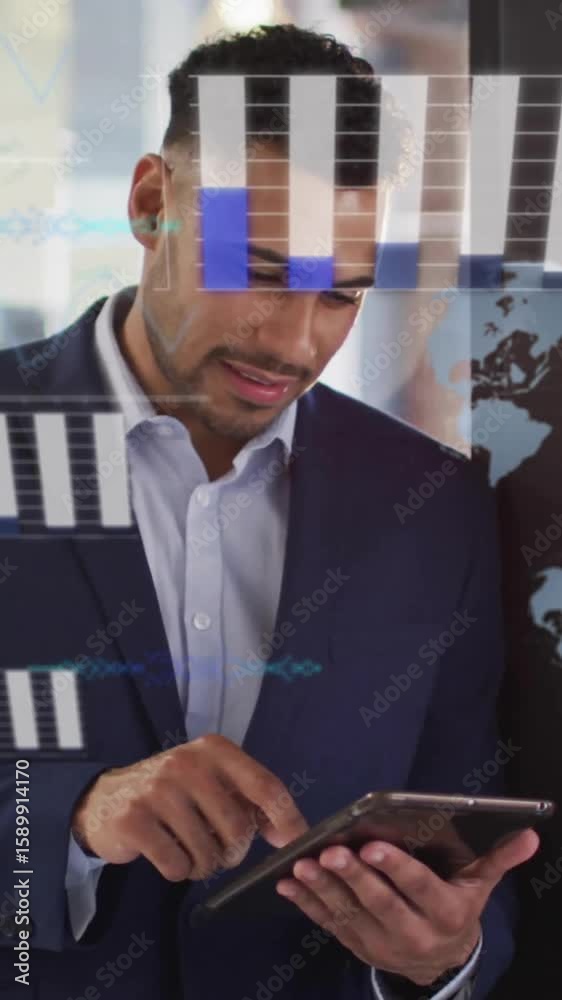 Poster animation of data processing and diagrams with globes over businessman using tablet