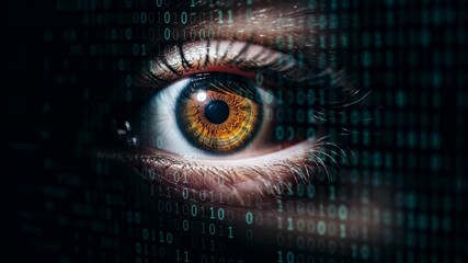 Woman's eye with binary code overlay, cyber espionage and data surveillance concept footage. - Powered by Adobe