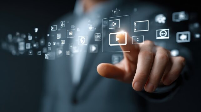 Close up of businessman touching icon of media screen, no logos, no brands