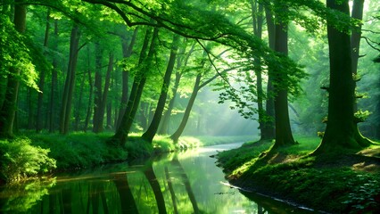 Fototapeta premium Misty morning light filters through green forest trees onto a winding path, a serene natural landscape