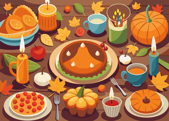  Thanksgiving Dinner Table Mockup with Turkey and Pumpkins