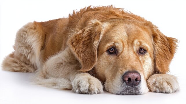 Sad golden retriever dog lying on the floor, pet isolated on white background, bored and unhappy animal