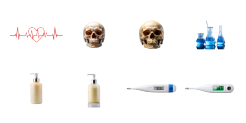 A heart rate monitor, skulls, blue liquids in lab flasks, and digital thermometers are arranged on a transparent background