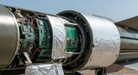 Close up of a missile's exposed circuit boards and advanced internal components for military and defense technology.
