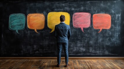 Business communication concept. business communication breakdown concept lack of communication skills businessmen drawing speech balloons on chalkboard