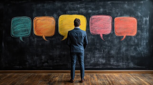 Business communication concept. business communication breakdown concept lack of communication skills businessmen drawing speech balloons on chalkboard