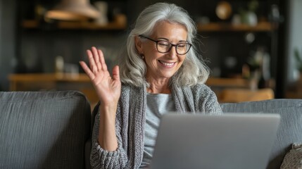 Happy mature older woman video calling on laptop working from home. Smiling 60s middle aged businesswoman talking by conference online virtual chat using computer at home office sitting on couch., no