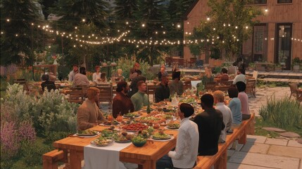 Farm to table dinner party in backyard with friends and family