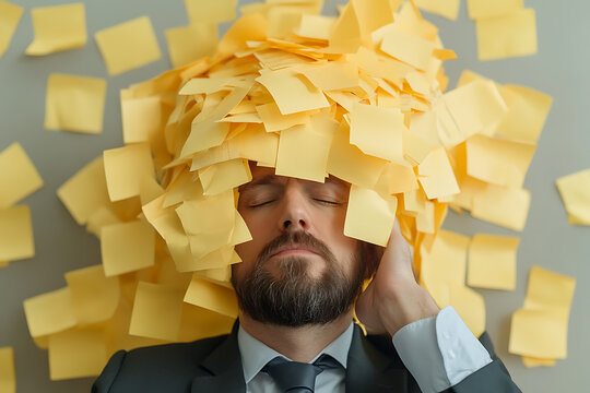 Overwhelmed by yellow sticky notes, a businessman rests, illustrating stress and information overload in a modern office setting, eyes closed. - Powered by Adobe