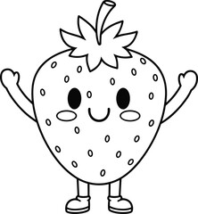 Fototapeta premium Adorable black and white strawberry cartoon character outline with happy facial expression, perfect for children's coloring books, healthy eating, and sweet food illustrations.