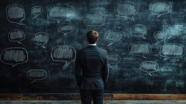 Business communication concept. business communication breakdown concept lack of communication skills businessmen drawing speech balloons on chalkboard