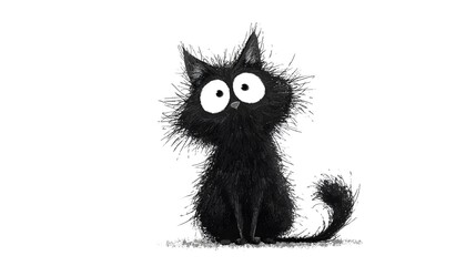 Fototapeta premium Whimsical illustration of a small, fuzzy black kitten with wide, expressive eyes sitting against a clean white background for character design.