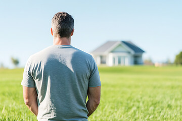 Naklejka premium Man contemplates a house from a grassy field. Back view of a man looking at a white house in the distance on a clear, sunny day. Serene and hopeful mood.