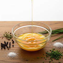 Overhead shot of clear oil being poured over whisked eggs in glass bowl on wood table. Soft kitchen light and scattered ingredients copy