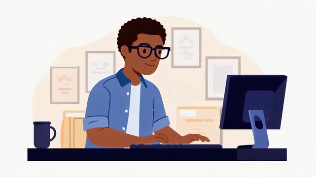 person man work desk computer flat design illustration video animation