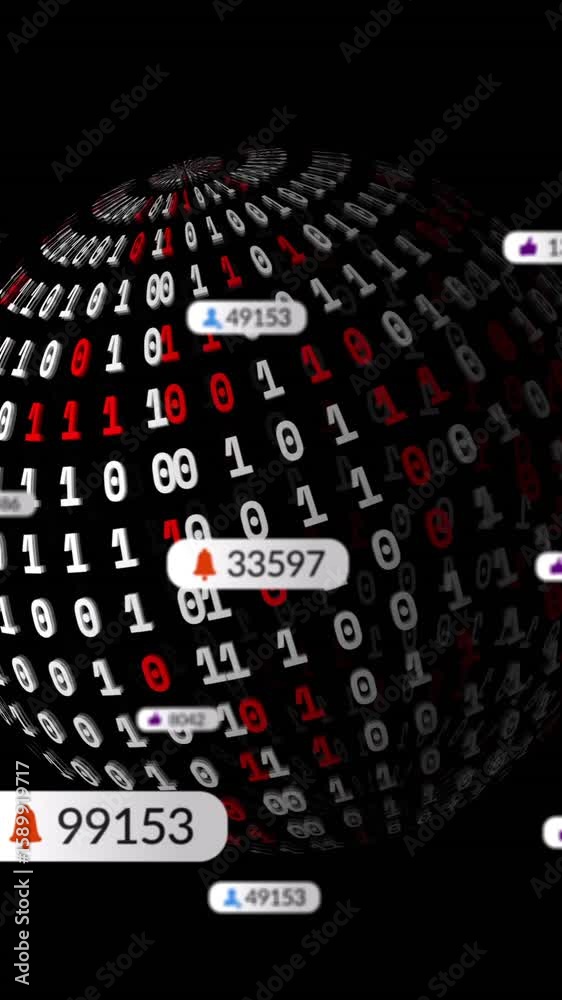 Poster animation of media icons over globe of binary coding