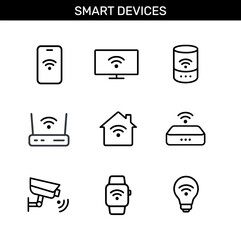 Set of smart devices outline icons with smartphone, smart TV, speaker, router, smart home, hub, camera, smartwatch, and smart bulb
