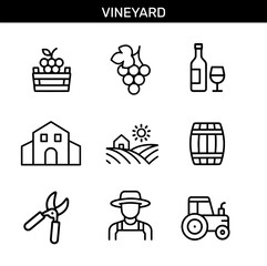 Set of vineyard outline icons with grape harvest, grape bunch, wine bottle, wine glass, winery, farm, wine barrel, pruning shears, farmer, and tractor