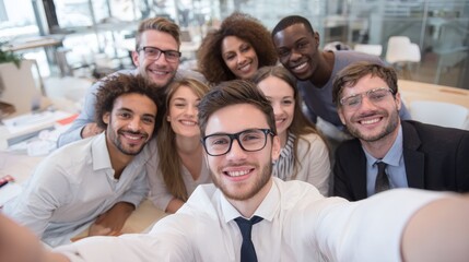 Smiling group of young businesspeople taking a selfie together while working at a table in a modern office, no logos, no brands