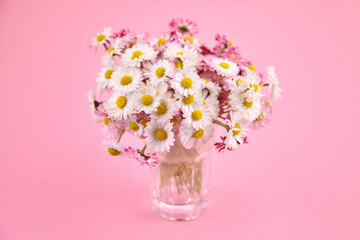 Fresh bouquet of white daisies and pink flowers in a clear glass vase, set against a vibrant pink background, creating a cheerful and lively atmosphere for decoration
