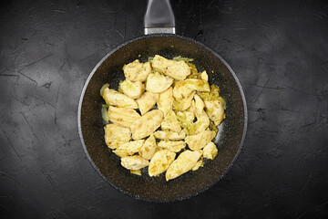 Sizzling pieces of seasoned chicken breast are cooking in a non-stick frying pan on a dark textured surface, showcasing the culinary process of preparing a delicious meal