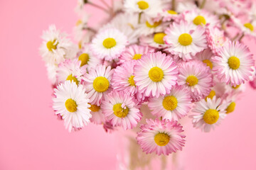 Beautiful bouquet of pink and white daisies arranged in a clear glass vase against a soft pink...