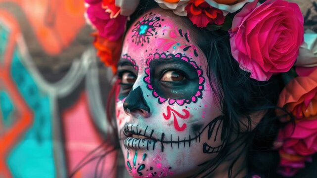 A young woman wearing traditional Day of the Dead-inspired makeup and adorned with flowers in her hair